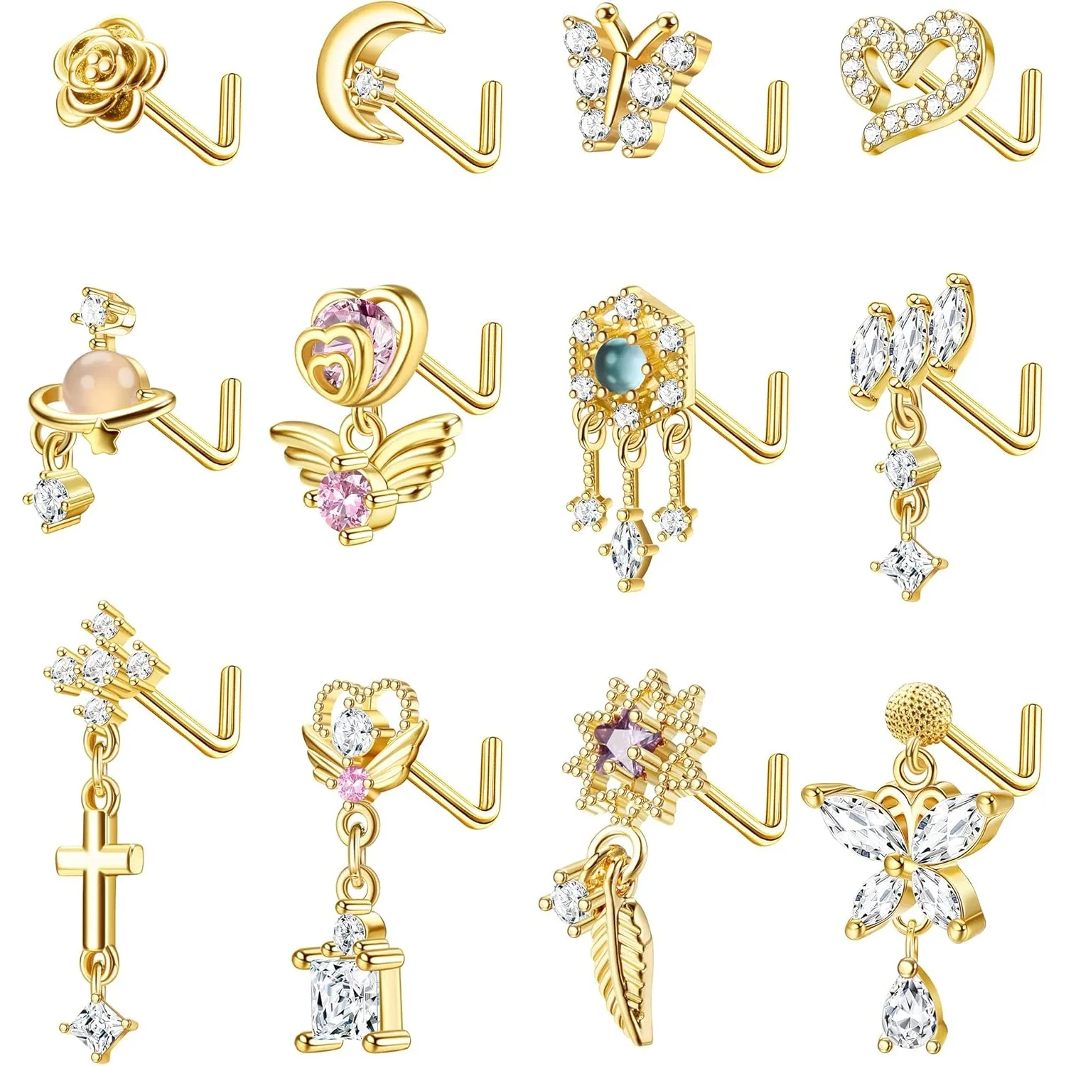 

Florideco 12Pcs Dangle Nose Rings Studs for Women Surgical Steel L Shaped Cute Flower Butterfly Wing Nose Piercing Jewelry 20G