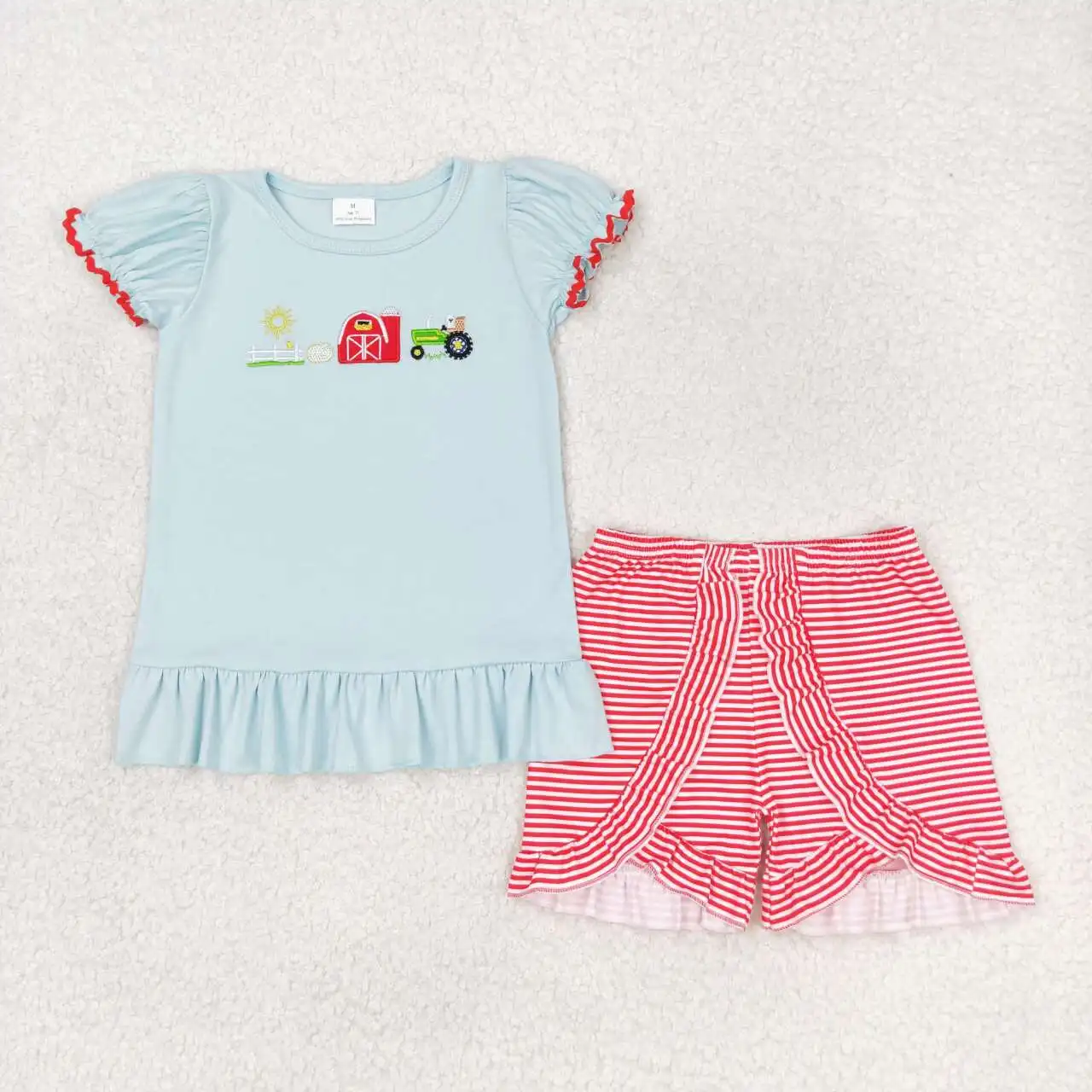 GSSO0788 Toddler Girls Farm Clothes Embroidery Print Short Sleeve Top With Shorts Set Kids  Girls Summer Outfits