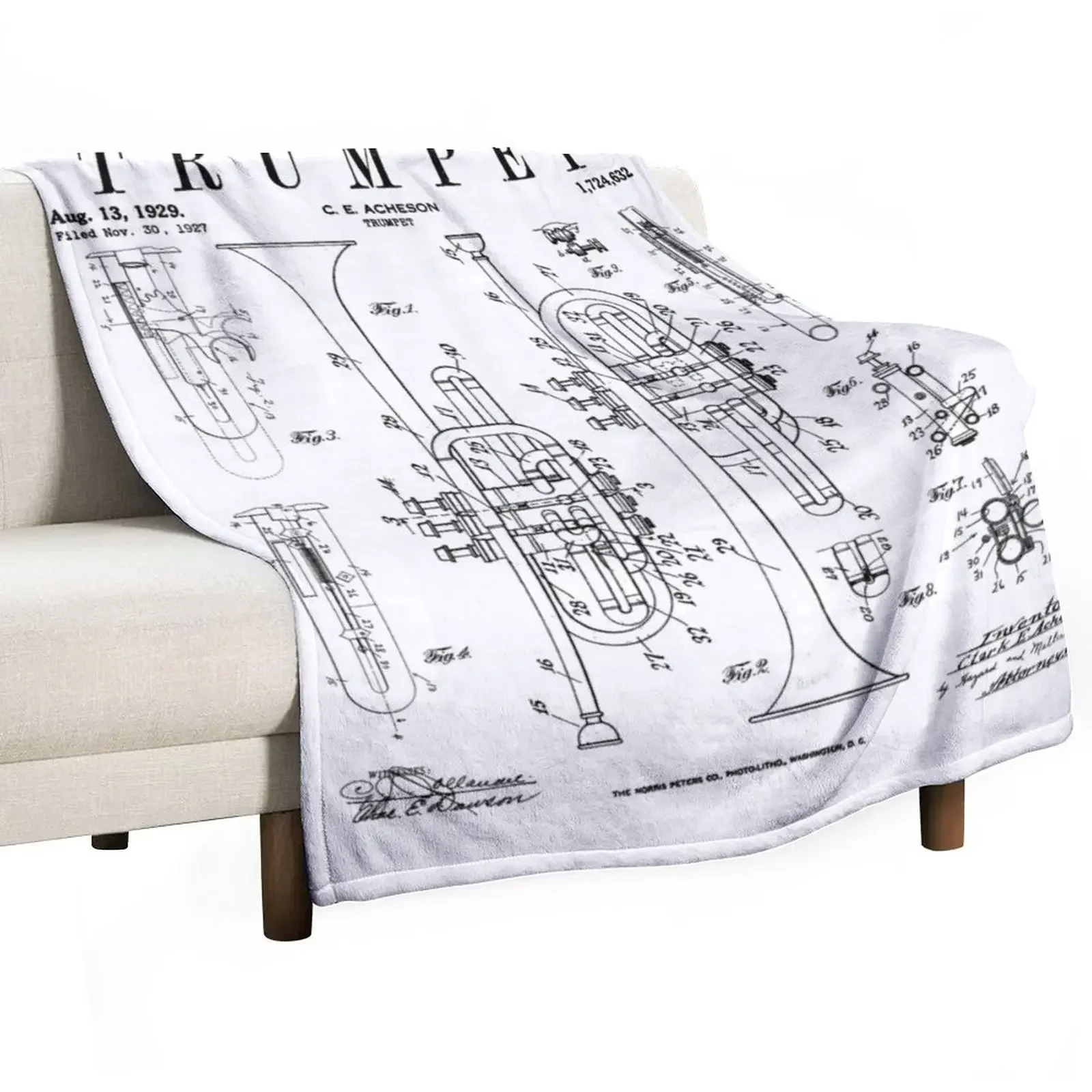 Trumpet Vintage Patent Trumpetist Drawing Print Throw Blanket Furry warm winter Blankets