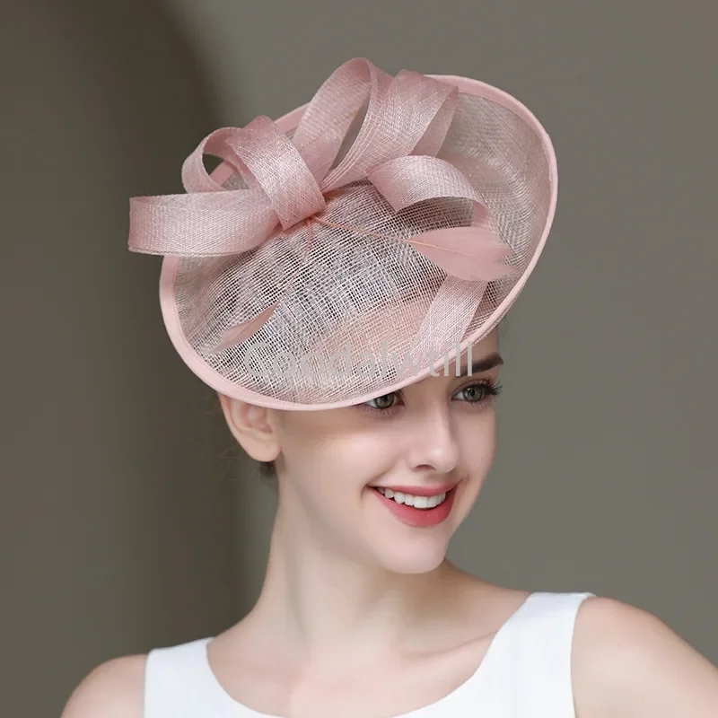 Women Elegant Evening Derby Headpiece Wedding Church Fascinator Hat Feather Fancy Flower Linen Chapeau Cap Hair Accessories