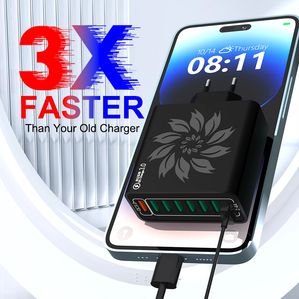 8 Ports USB Charger QC 5.0 Fast Charging EU US KR Plug 65W Fast Charger Power Adapter For iPhone 15 Xiaomi Samsung Wall Charger