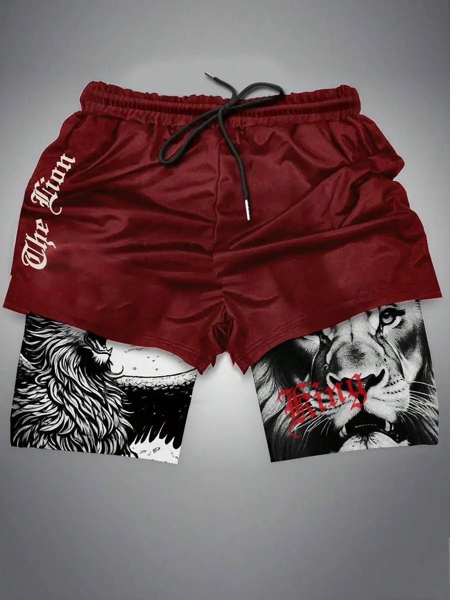 

Men’s Dual-Layer Shorts With Lion Illustration And Gothic Script, Adjustable Drawstring Waist, Casual Wear