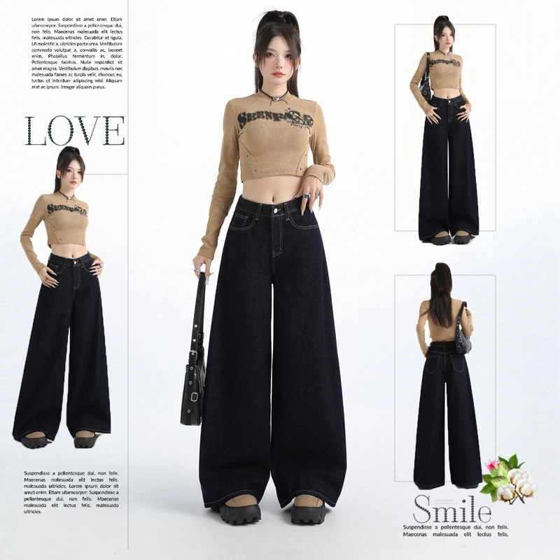 

Американские широкие джинсы с высокой талией, женские темно-синие брюки, осень 2023, новые свободные и ленивые прямые брюки