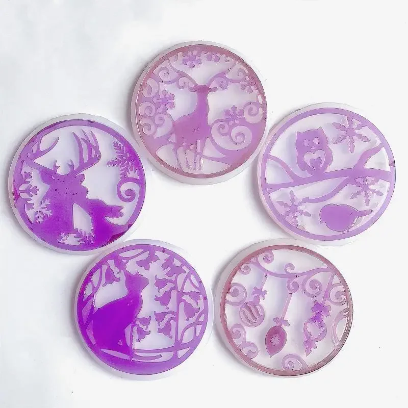 Resin Coaster Molds Silicone, Hollow Coaster Epoxy Molds with Butterfly, Deer, Tree, Candy, Cat Shapes, DIY Round Coaster Molds