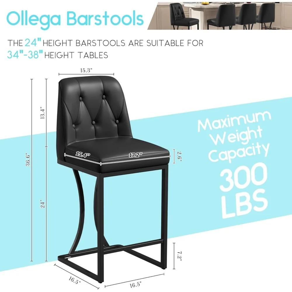 Black Counter Height Bar Stools Counter Stools Pu Leather Modern Bar Chairs with Back for Kitchen Island