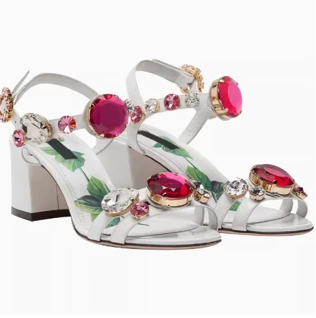

Bohemian Style Bling Crystal Round Toe Summer Women Sandals Chunky High Heel Buckle Strap Design Large Size Fashion Lady Shoes