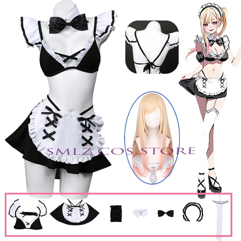 

Newly Kitagawa Marin Cosplay Anime My Dress-Up Darling Marin Sexy Maid Dress Bra Wig Set Outfit for Woman Girl
