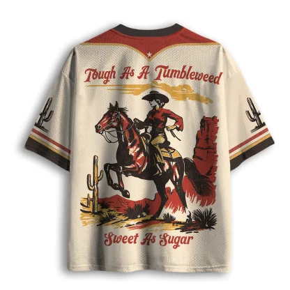 V Neck Mesh Jersey Short Sleeve Cowgirl Horse Cactus Retro Print Top