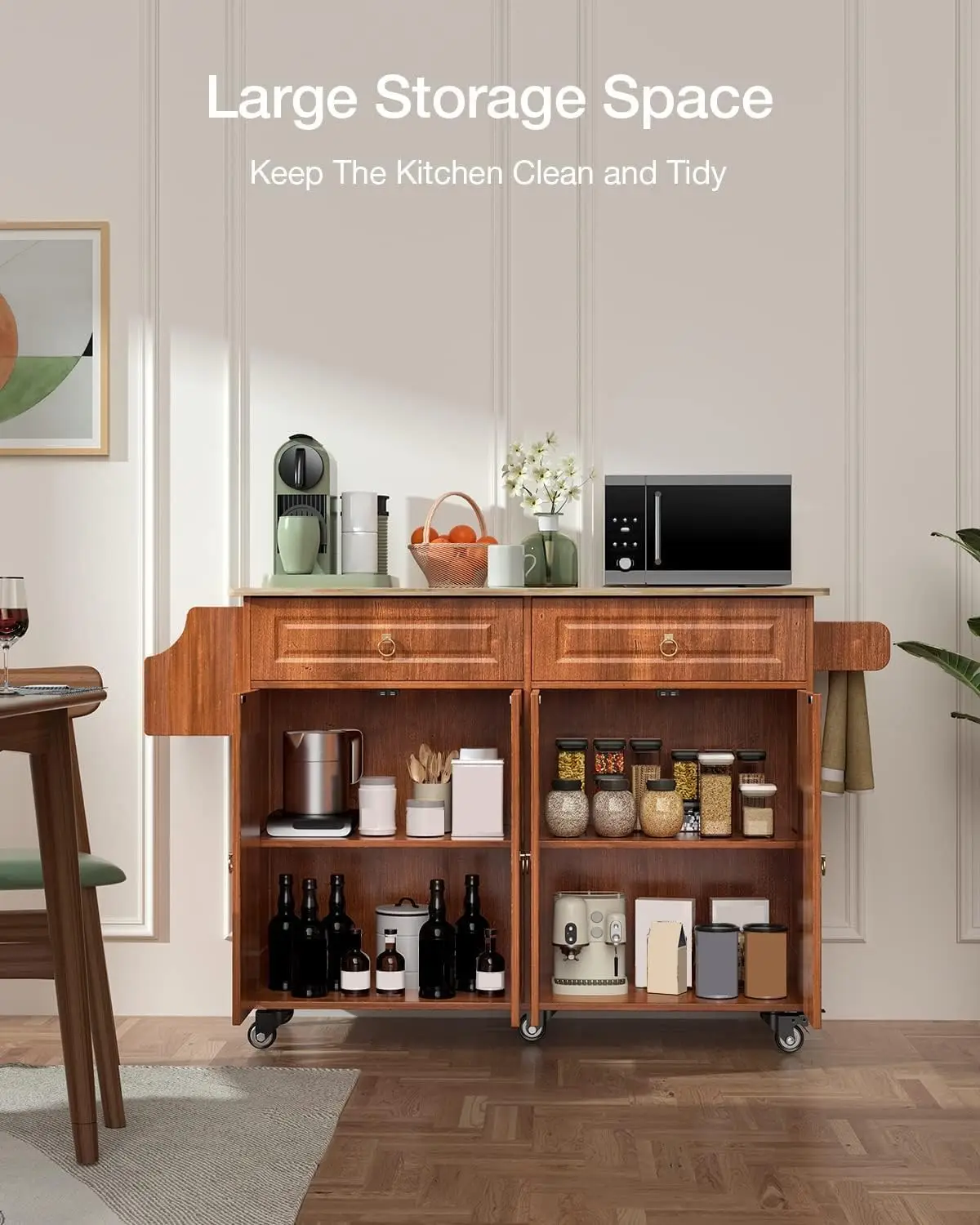 Kitchen Island with Drop Leaf and Storage, on Wheels Two Drawers, Large Storage Cabinet, Towel Rack Spice Cart Brown