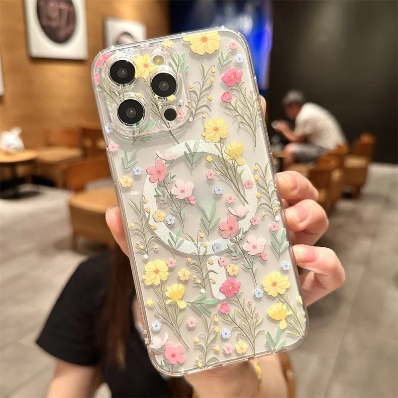 Transparent With Magsafe Magnetic Print Flower Case For iPhone 17 Air 16 13 12 14 11 Pro Max 15 Plus Wireless Charge Clear Cover