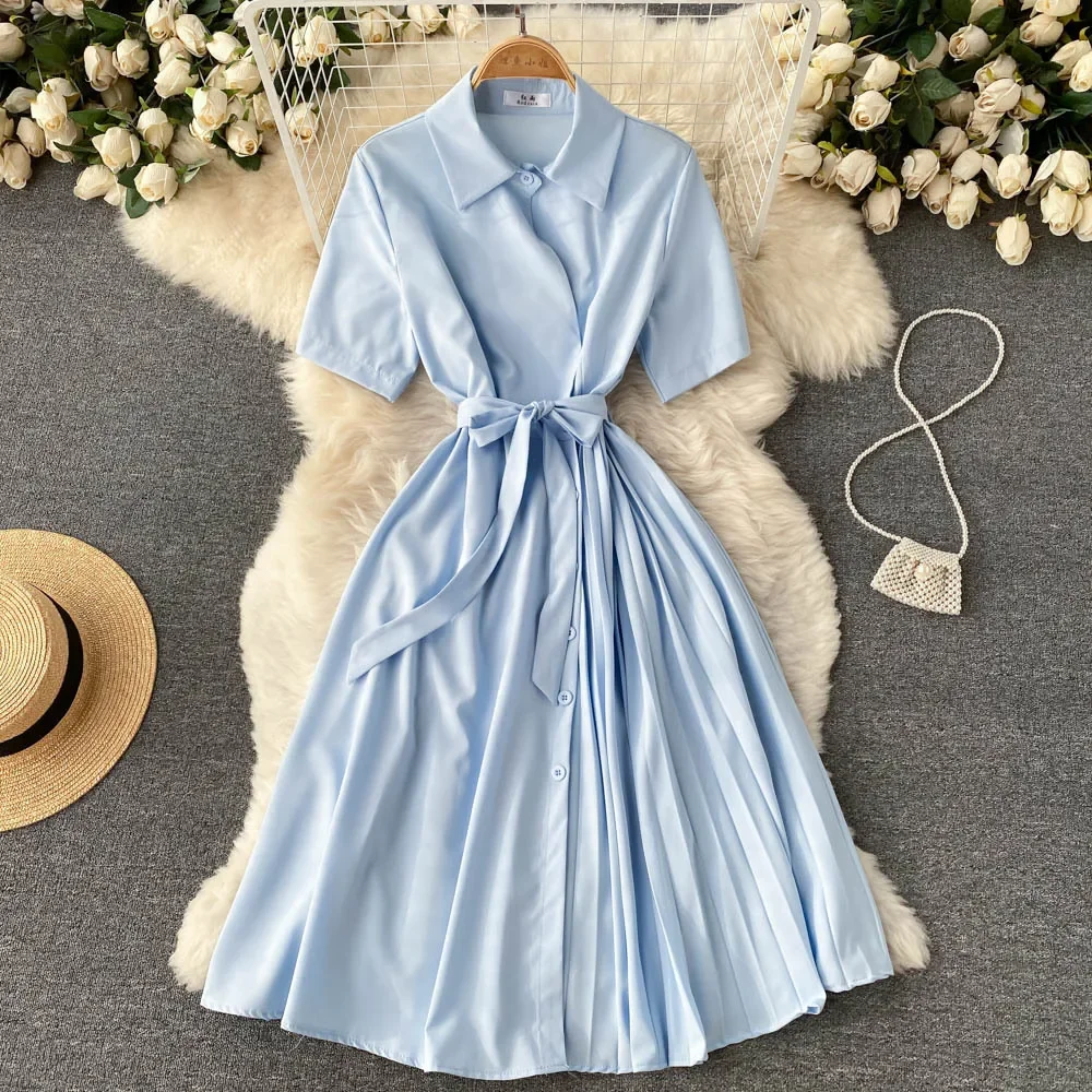 2022 New Style Hepburn Chic Women's Summer Elegant Maiden Lightweight Chiffon Pleated French Shirt Dress