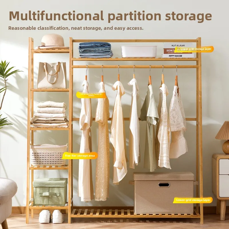 Große, mehrschichtige Kleiderbügel aus natürlichem Bambus, modulare Garderobenständer, Schlafzimmer-Kleideraufbewahrungsregale, trapezförmige Aufbewahrungsregale