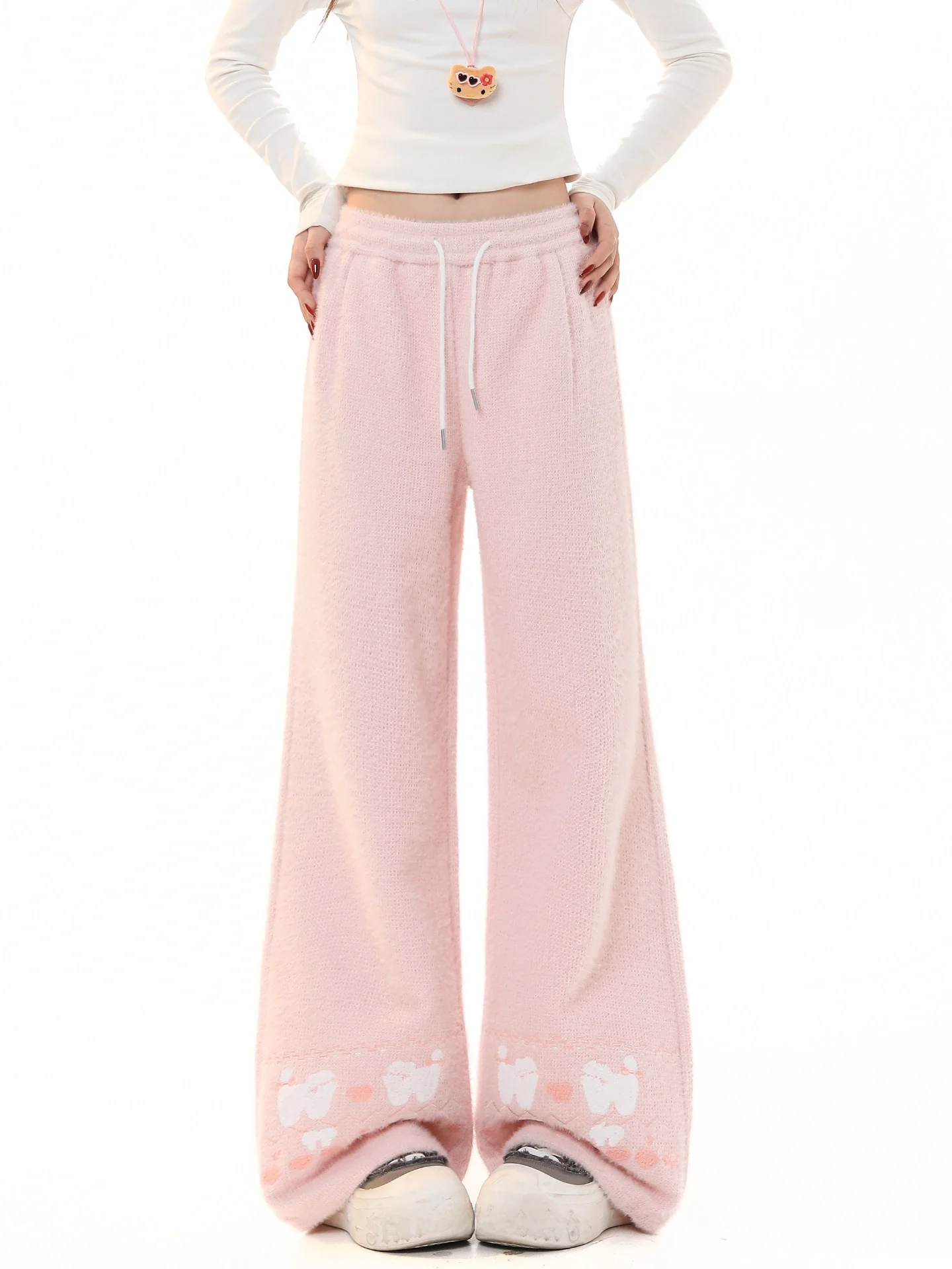 

Sweet Cartoon Print High Waist Straight Leg Pants Women's Spring Autumn Fce Lined Casual Loose Fit Comfortable Soft