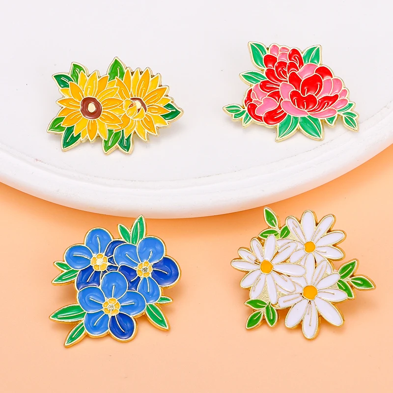 4Pcs/Set Beautiful Flower Series Pins Plum Blossom Orchids Chrysanthemum Peony Shaped Enamel Brooches For Women Jewelry