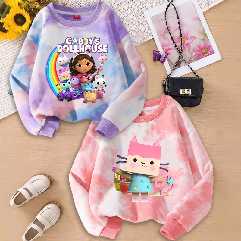 Gabby Dollhouse-Sudadera de dibujos animados para niños, ropa Tie-dye bonita, Tops de cuello redondo de moda para niño y niña, primavera y otoño, nueva ropa