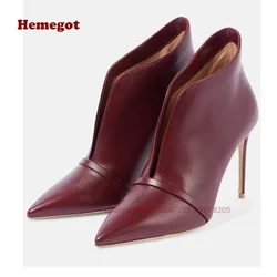 Burgundy V-Cut Ankle Boots Pointy Toe Stiletto Heels Women's Booty Slip On 2024 Winter Casual Shoes Thin High Heeled Sexy Shoes