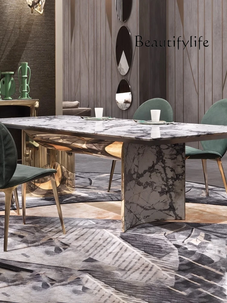 High-End Light Luxury Marble Dining Table Modern Stainless Steel Rectangular Dining Table and Chair Combination Household