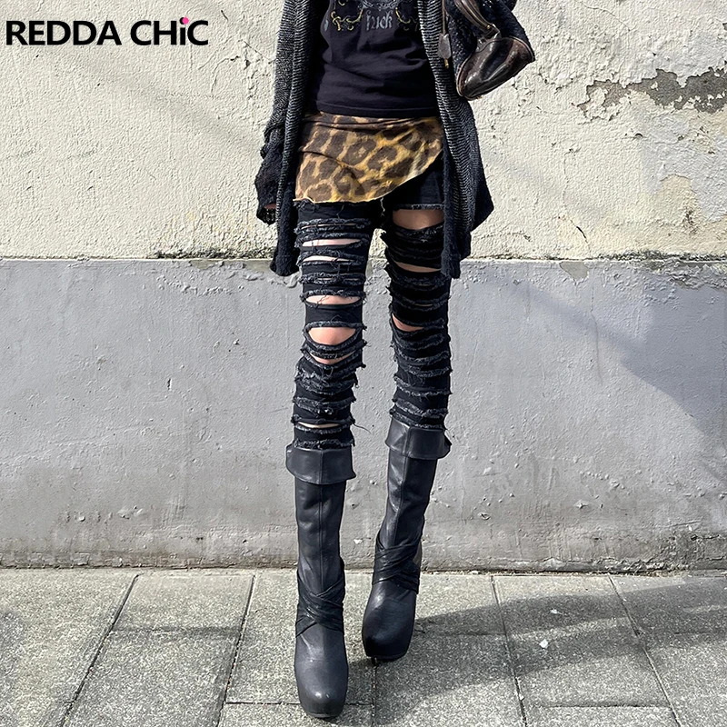 ReddaChic Destroyed Black Jeans for Women Vintage Washed Plain Low Waist Skinny Pockets Long Denim Pants Punk Hot Everyday Wear
