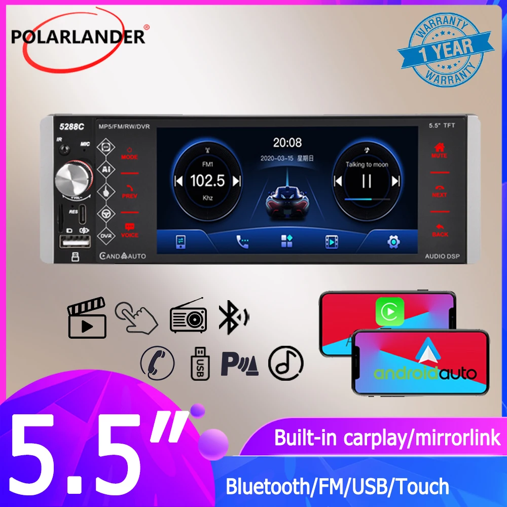 

Car Multimedia MP5 Player 1Din IPS AI Intelligent Voice Carplay/Android Anto BT Stereo Seceiver 5.5" FM for Toyota BMW Universal