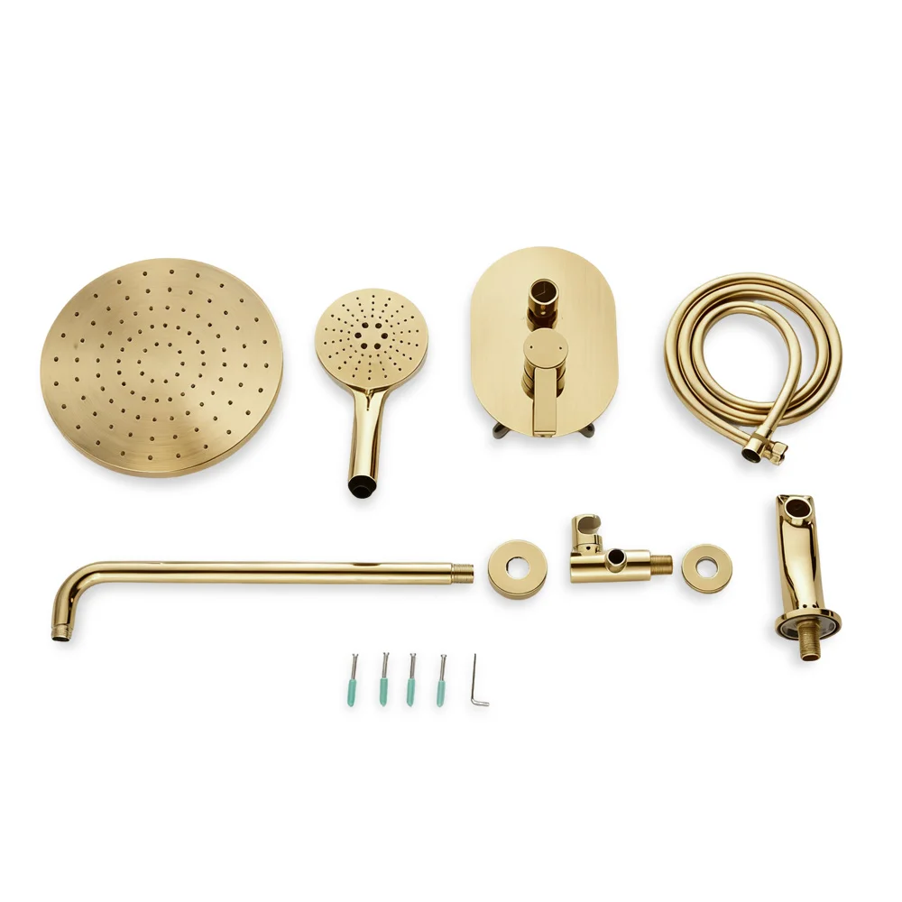 الراقية نحى الذهب الحمام الحنفيات في جدار دش المطر مجموعة الصلبة النحاس ثرموستاتي صنبور حوض خلاط جزءا لا يتجزأ من نظام دش حوض الاستحمام صنبور دش حديث فاخر مخفي لحوض الشلال مجموعة كاملة