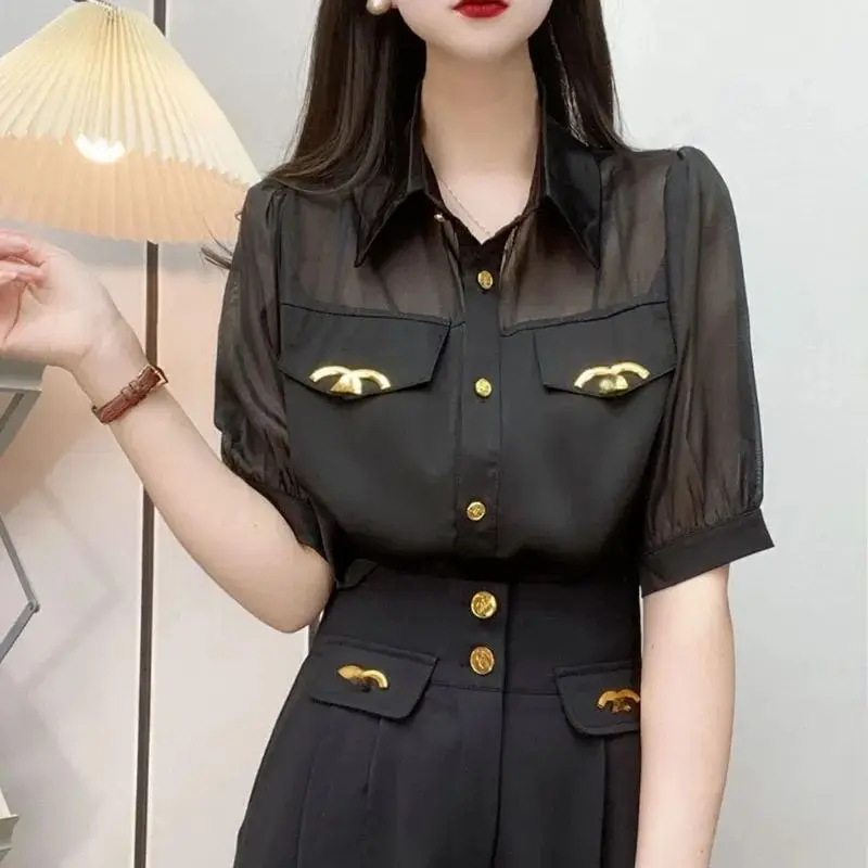 Female Clothing Chic Single-breasted Shirt Commute Solid Color Patchwork Casual Turn-down Collar 2023 Summer Half Sleeve Blouse