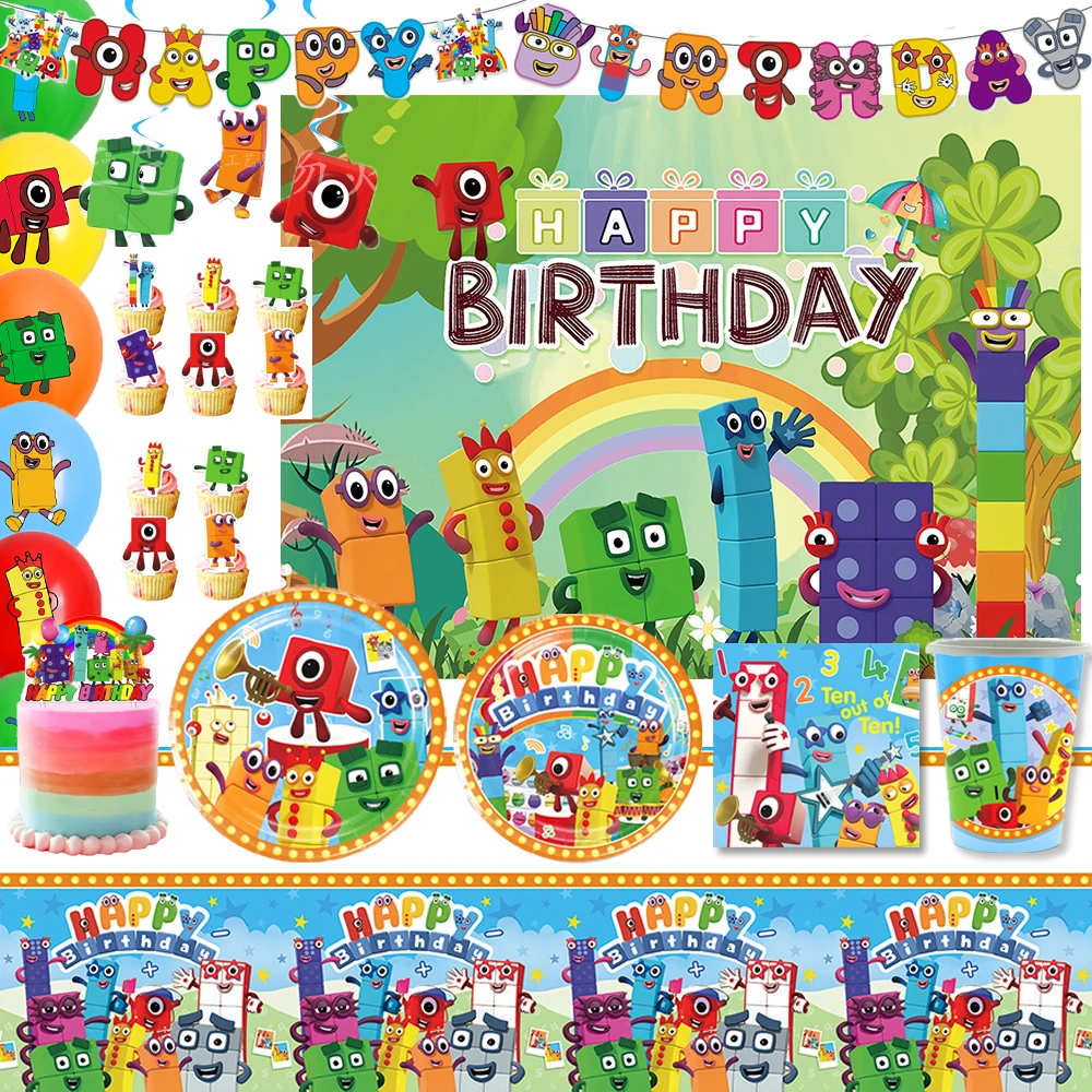 Cartoon Number Building Blocks Kids Birthday Party Disposable Tableware Balloon Background Decoration Supplies Baby Party Gifts