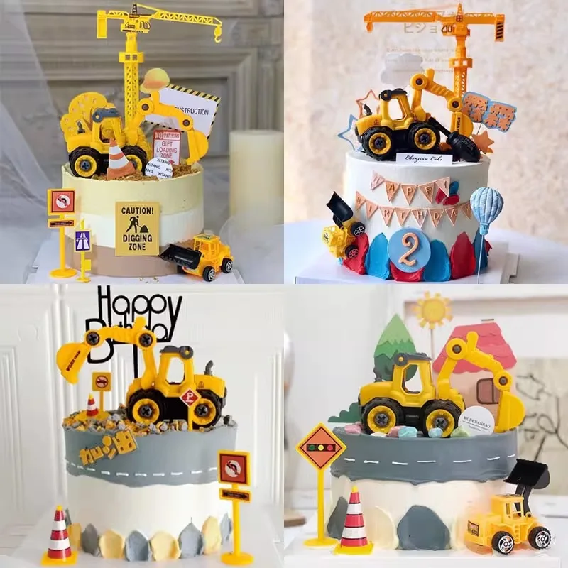 Engineering Construction Tower Cake Topper Vehicle Trucks Car toy Plastic Excavator Boys Toys Kids Birthday Party Cake Topper