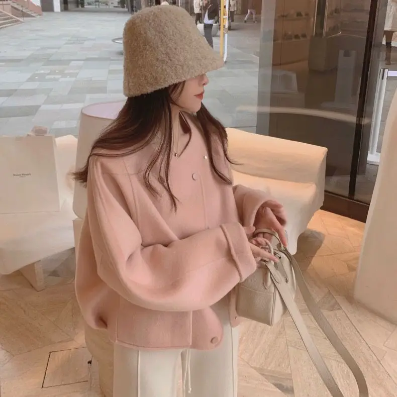 Korea Woolen Small Fragrance Pink Coat Women Solid Color Single Breasted Sweet Coats Korean Fashion Loose Cropped Jackets