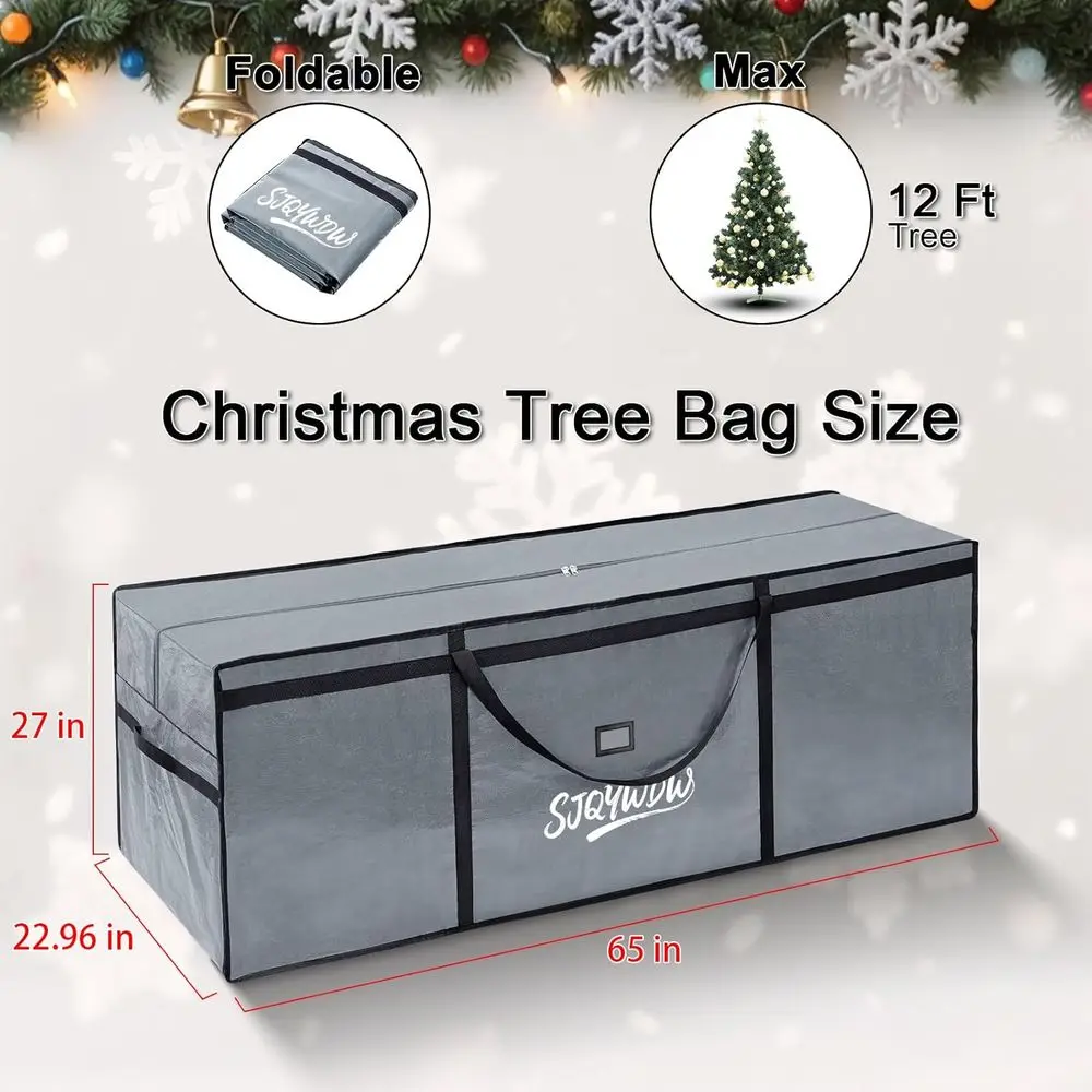 Heavy-Duty 12ft Christmas Tree Storage Bag with Zippered Mesh Pockets and Reinforced Handles (Grey)