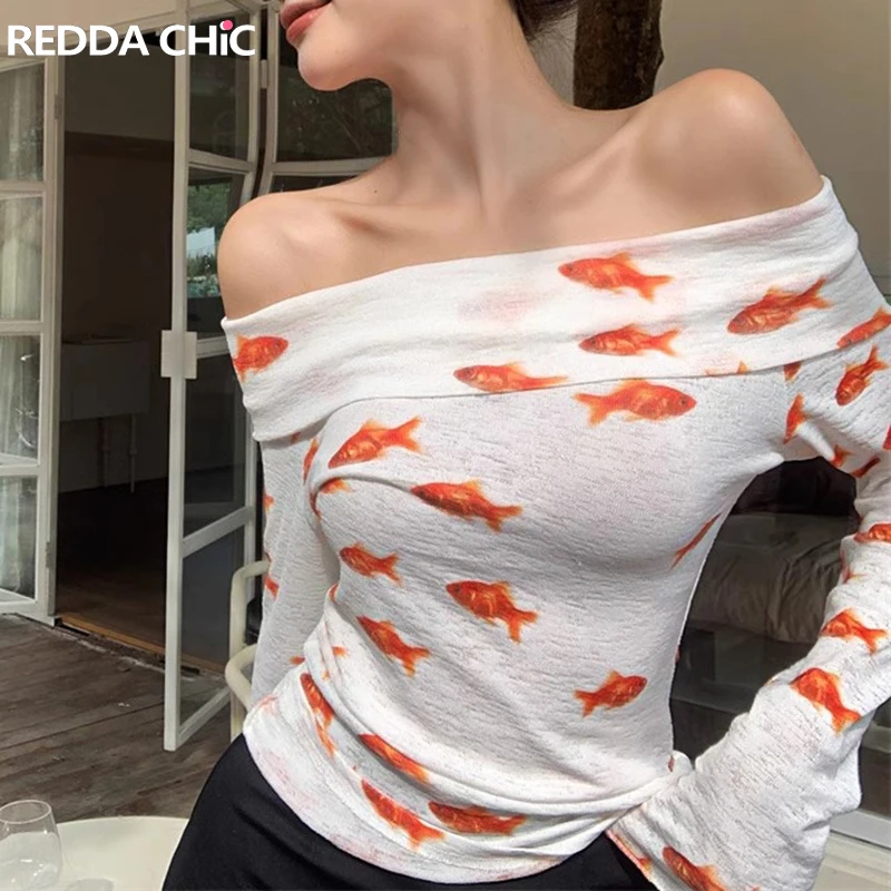 REDDACHiC Women Sheer Goldfish Long Sleeves Top Casual Off-the-shoulder Animal Printing T-Shirt Y2k Vintage Pullover Undershirt