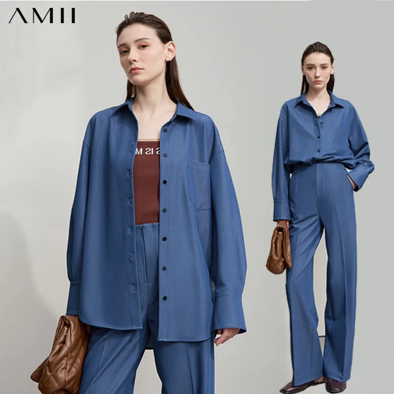 

AMII 2025 Autumn Women Shirt Retro Imitation Denim Office Lady Tops Casual Loose Trousers Wide-leg Pant Sold Separately 12543014