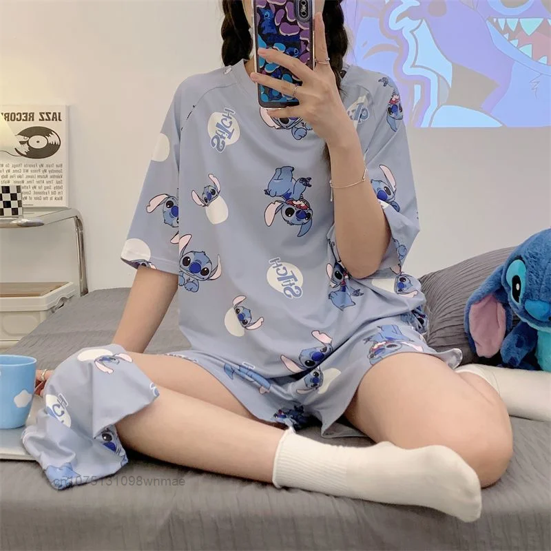 Disney Stitch Loose Casual 2 Pcs Short Pajamas Women\'s Summer Shorts Cute Cartoon Student Summer School Dorm Home Suit