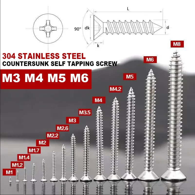 Lenght 6/8/10/12/14/16/18mm-100mm 304 Stainless Steel Cross Recessed Countersunk Flat Head Tapping Screws Wood Screw M3 M4 M5 M6