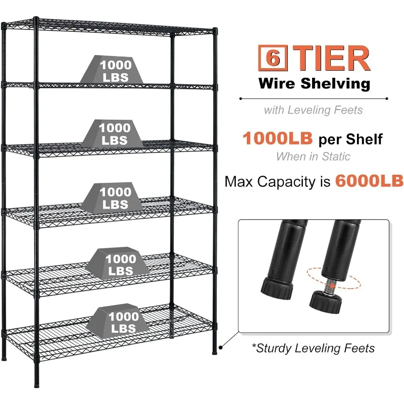 6000Lbs Capacity Heavy Duty Storage Shelves Commercial Wire Shelving Unit and Storage Adjustable NSF 6 Tier Metal Rack Shelf