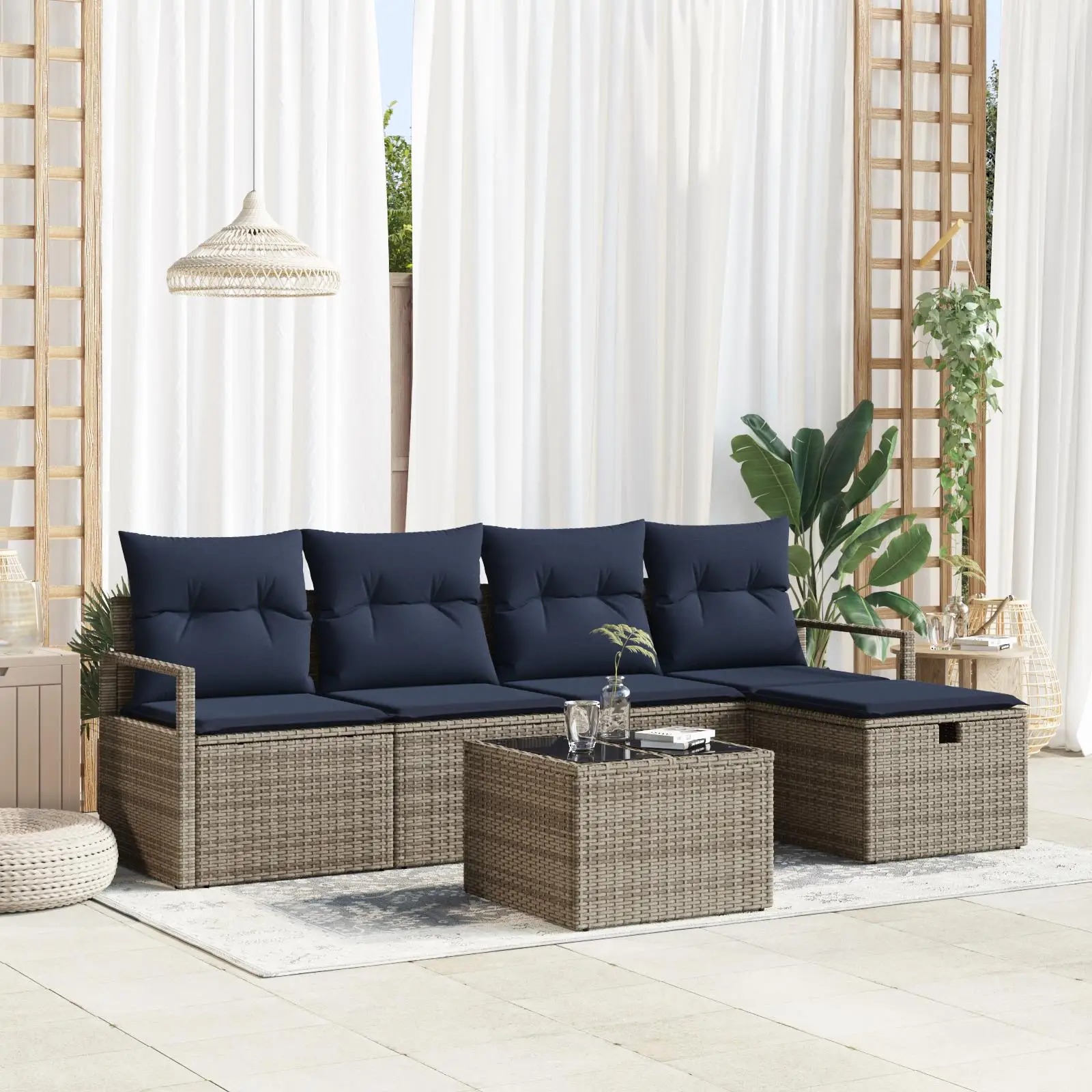 

6 Piece Outdoor Garden Sofa Set with Grey Cushions Durable Poly Rattan Furniture Stylish Patio Seating