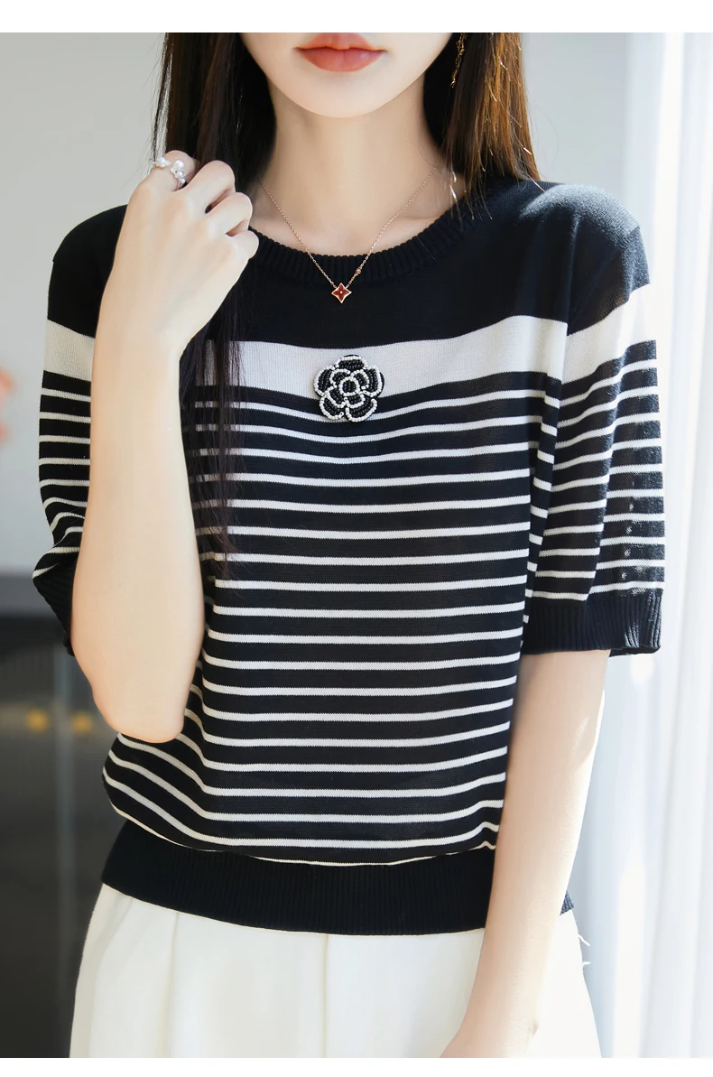 2025 verão listrado camisola de malha t feminino gelo seda flor miçangas moda solta topos malhas manga curta elegante jumpers