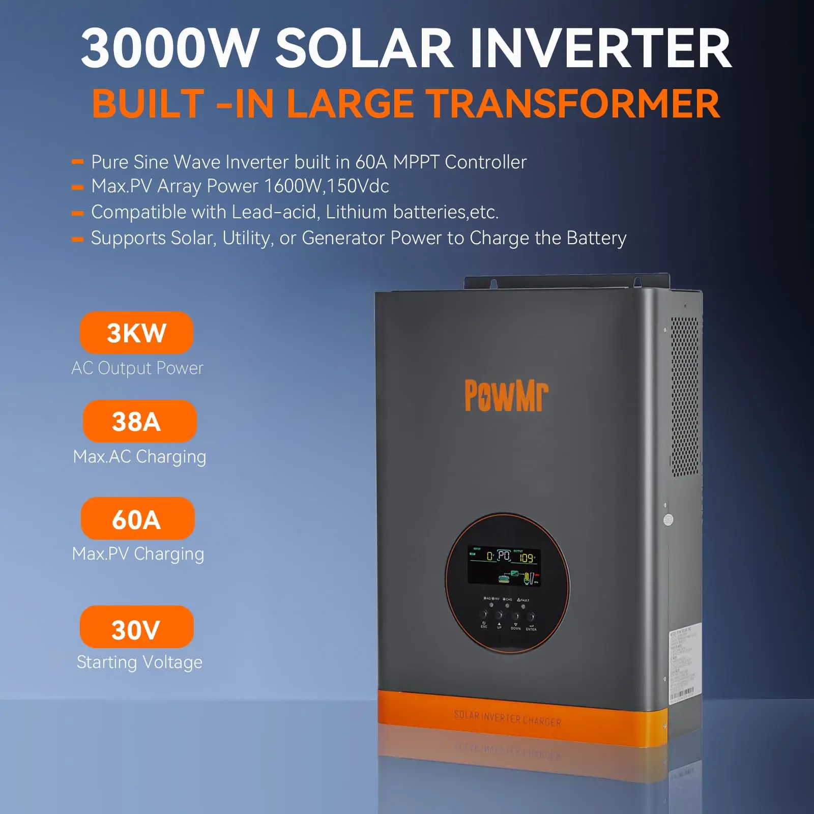 PowMr High AC Load Hybrid Solar Inverter 3KW 24V Low Frequency Adopts Powerful Transformer MPPT 60A Off Grid Hybrid Inverter