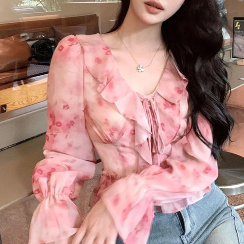 Women Stylish Floral Print Ruffles Lace Up Blouses Elegant Chic Sweet Slim Shirts Fairy V Neck Long Sleeve Chiffon Tops Female