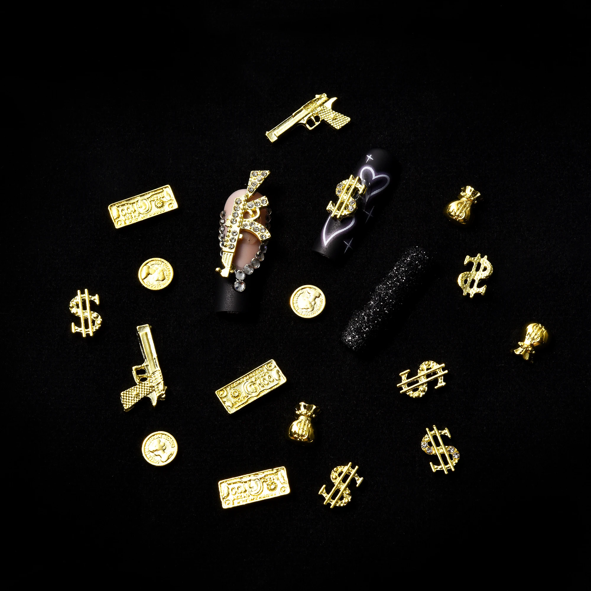 6-Fächer-Box-Set, 40-teilig, Neues Stylisches Nagelkunst-Schmuckdekor, Goldene Pistole & Geldbörse Metall-Accessoires – Detail 3
