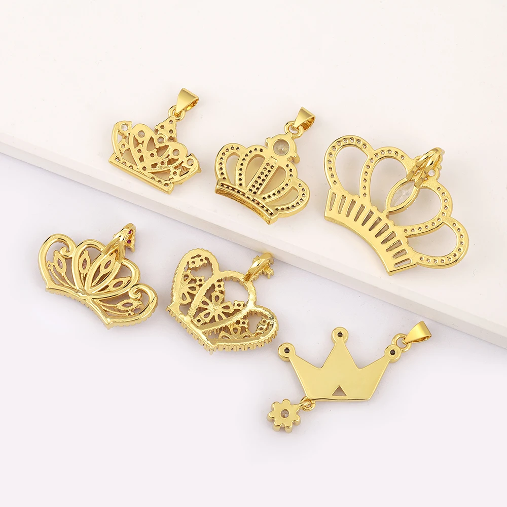 Classic Gold Color Crown Pendant for DIY Necklace Women Engagement Jewelry Clear Rhinestone Jewelry Making Findings Supplies