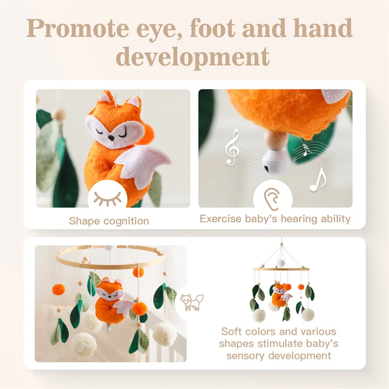 Baby Rattle Toy 0-12 Month Newborn Felt Fox Pendant Wooden Mobile Music Box Bed Bell Hanging Toy Holder Bracket Infant Crib Gift