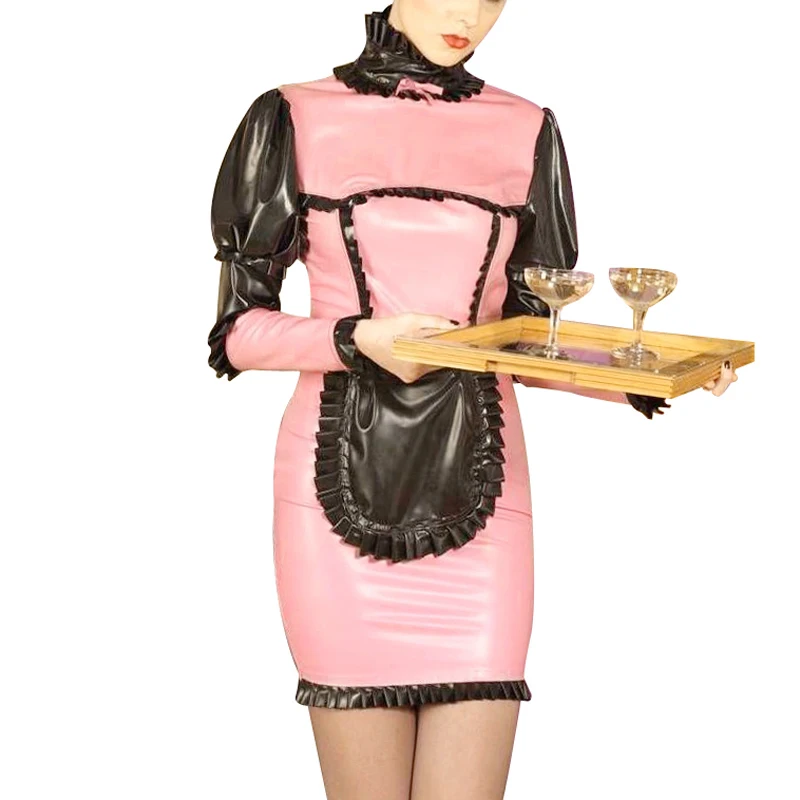 Baby Pink And Black Sexy French Maid Latex Uniform With Zipper Back Half Sleeves Apron Rubber Pencil Dresses Outfits LYQ-0294