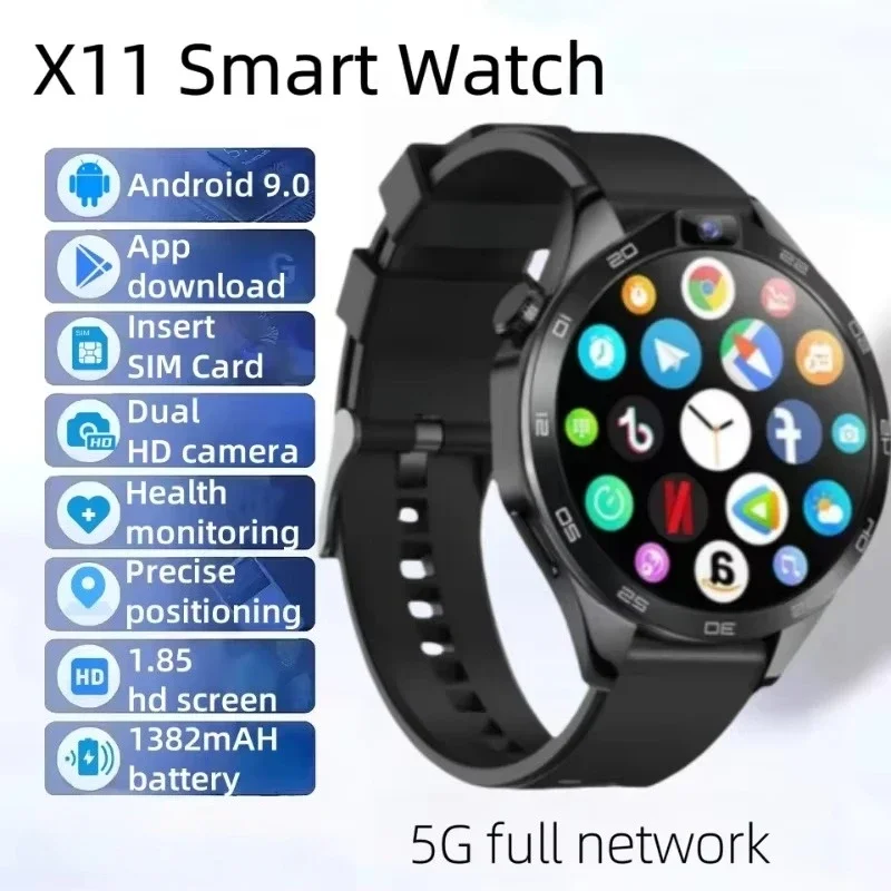 New X11 4G Mens Smart Watch Dual Camera 8GB 128GB Android 8.1 GPS WiFi 1380mAh Battery Waterproof Fitness Tracker for Men Women