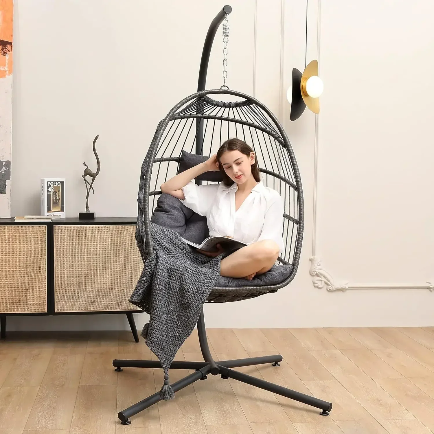 high-qualitySwing Hammock Chair with Stand, Indoor Outdoor Wicker Egg Chair with Cushion Headrest for Patio Bedroom Porch Garden