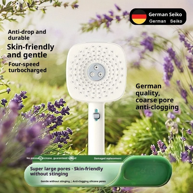 

Large water output handheld shower, four gears switch: powerful spray, soft mist, pulse, liquid silicone shower