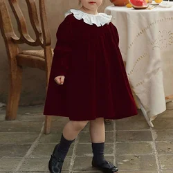 Girl's Contrast Ruffle Crew Neck Velvet Dress Chic Christmas Party Long Sleeved Loose Ruched Kids Dresses Autumn Clothing