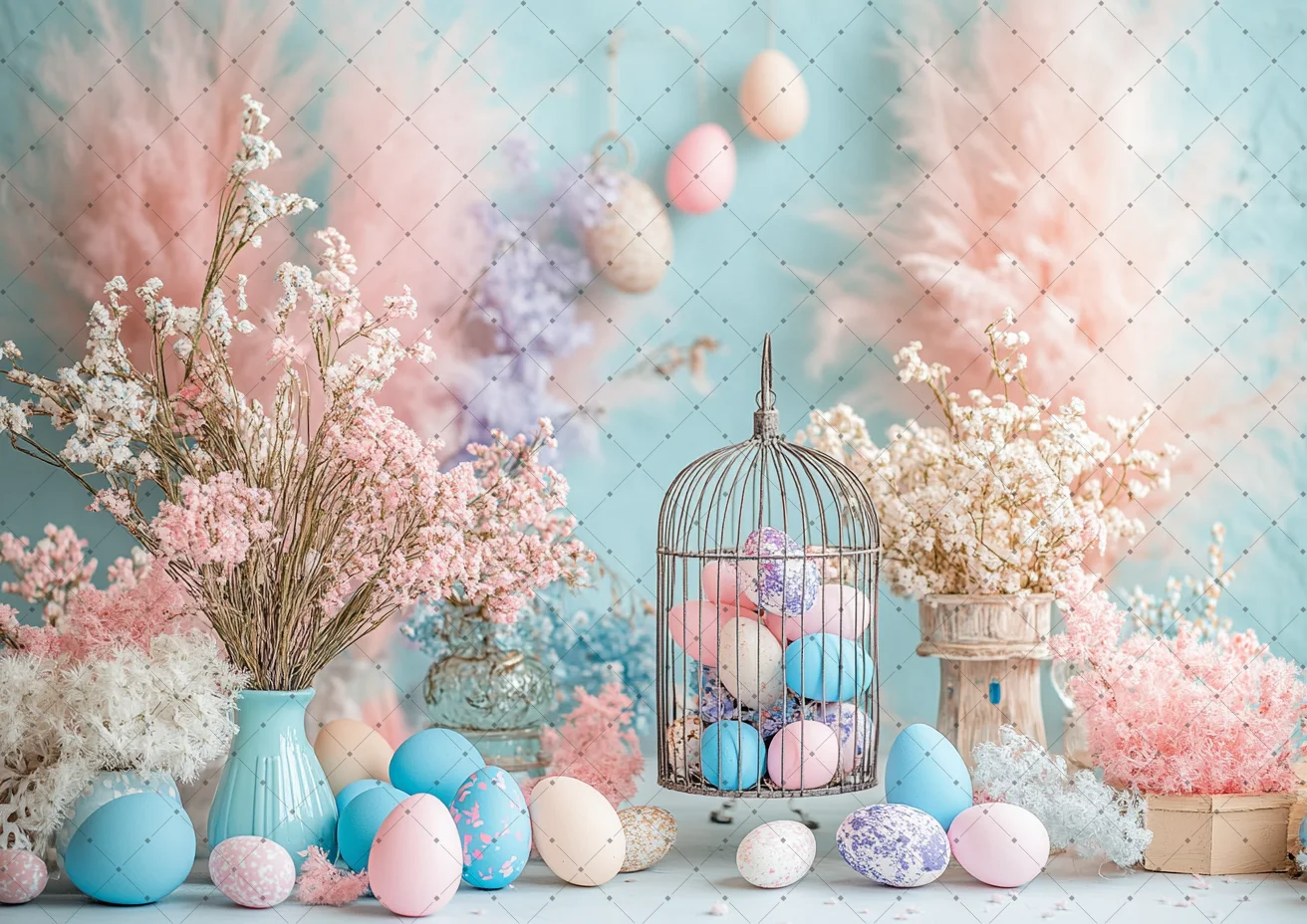 ربيع سعيد عيد الفصح التصوير خلفية نافذة قفص الستار الأبيض البيض الملونة الأزهار استحمام الطفل الاطفال صورة الخلفية