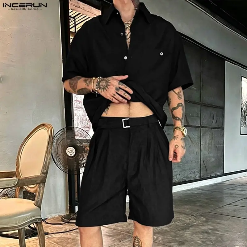 INCERUN Men Sets Solid Lapel Short Sleeve Shirt Shorts Two Piece Sets Streetwear Summer 2026 Loose Men Matching Sets Tracksuits view 5