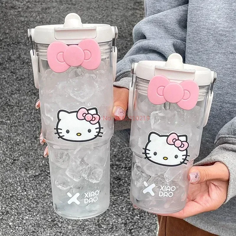 900ML Sanrio Hello Kitty Large Capacity Plastic Water Cup, Cartoon Portable Beverage Bottle, Outdoor Fitness Sports Straw Cup