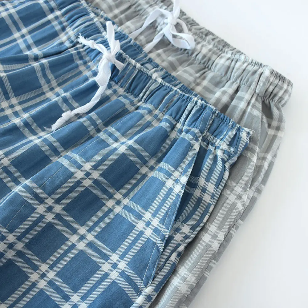 Casual Plaid Cotton Gauze Sleep Pants Mens Loose Breathable Home Loungewear Summer Thin Comfortable Pajama Bottoms